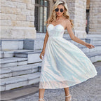 Sequined Strapless A-Line Slim Off-Shoulder Mesh Shiny Crystal Dress