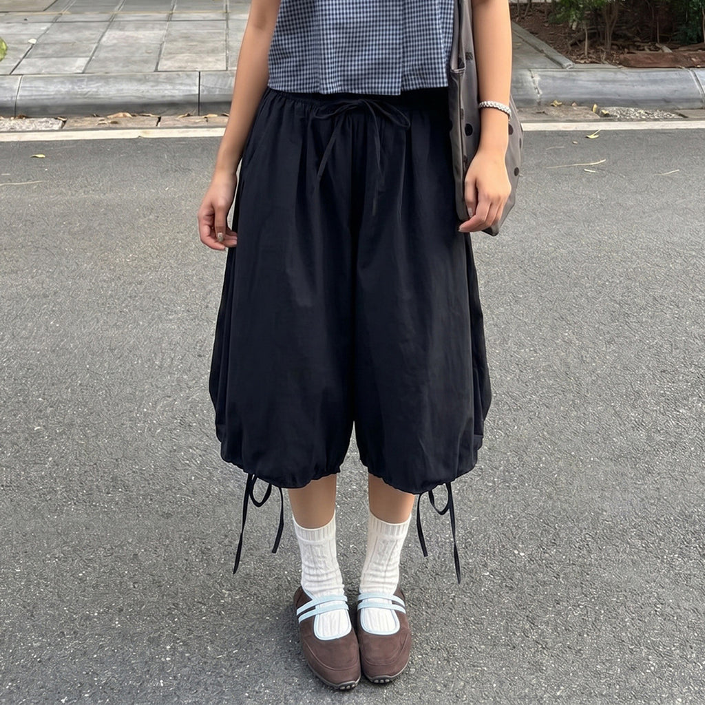 College Simple Loose Bud Shaped Pants Elastic Waist Drawstring All Match Middle Pants Retro Street Casual Pants Women