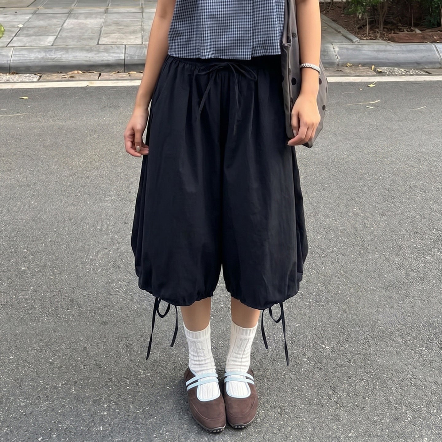 College Simple Loose Bud Shaped Pants Elastic Waist Drawstring All Match Middle Pants Retro Street Casual Pants Women