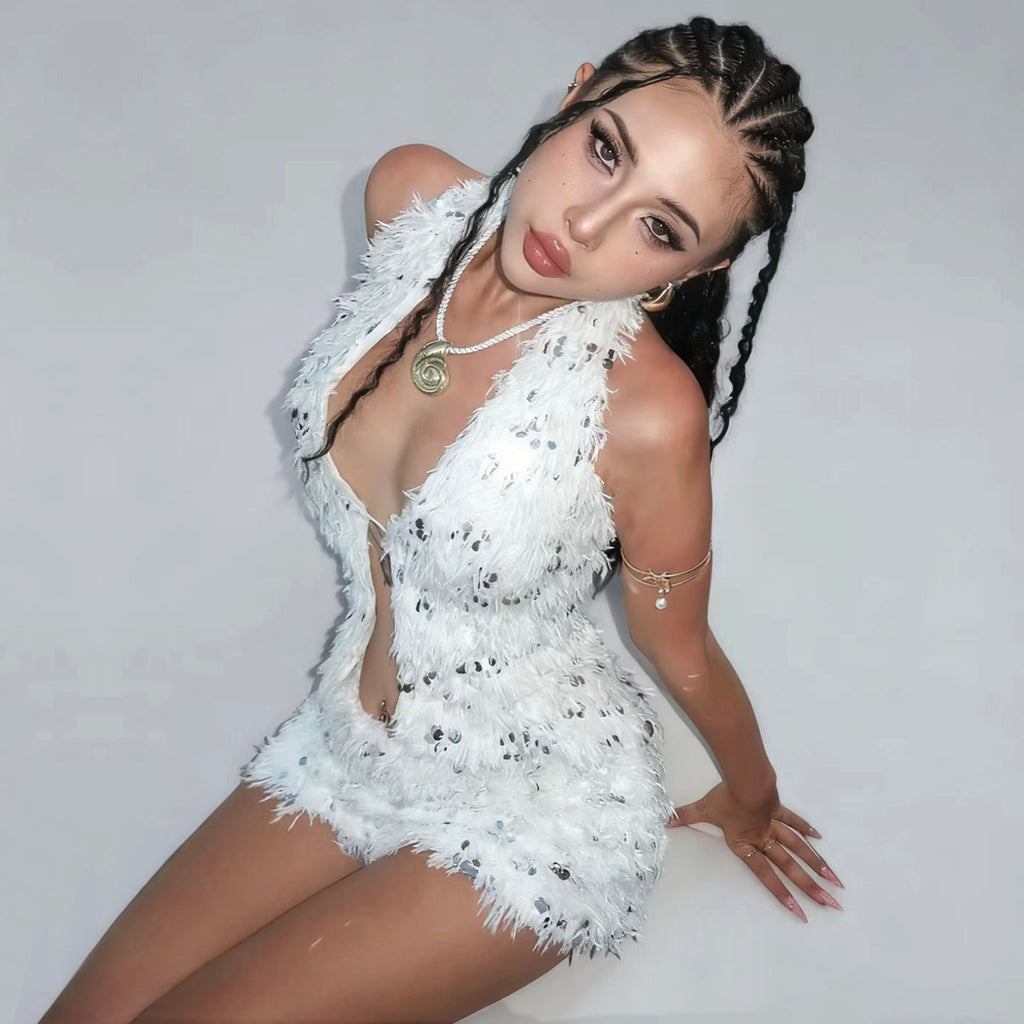 Nightclub Sequin Decorative Plush Backless Dress