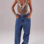 Women Vest Wafer Sequ Connecting Metal Hoop Top Shell