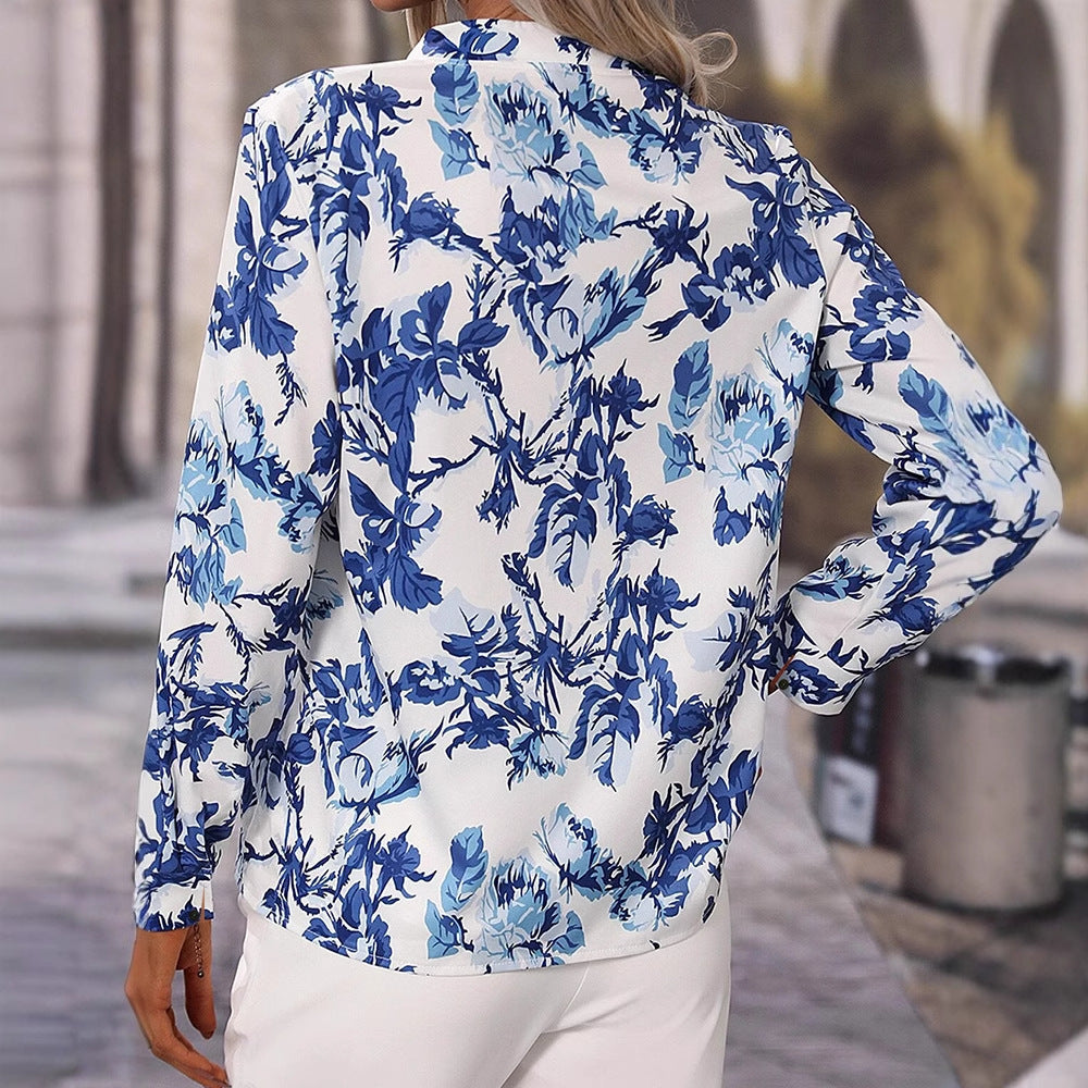 Women's Long Sleeve Retro Floral Print Pullover Office Chiffon Shirt