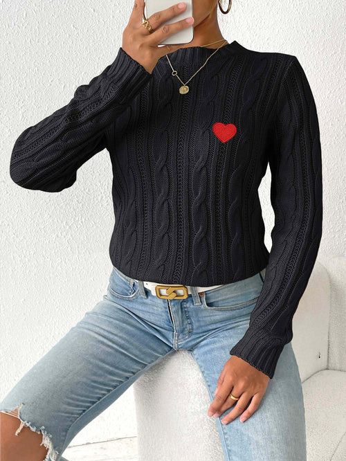 Women’s cable-knit sweater, round neck, black with red heart patch