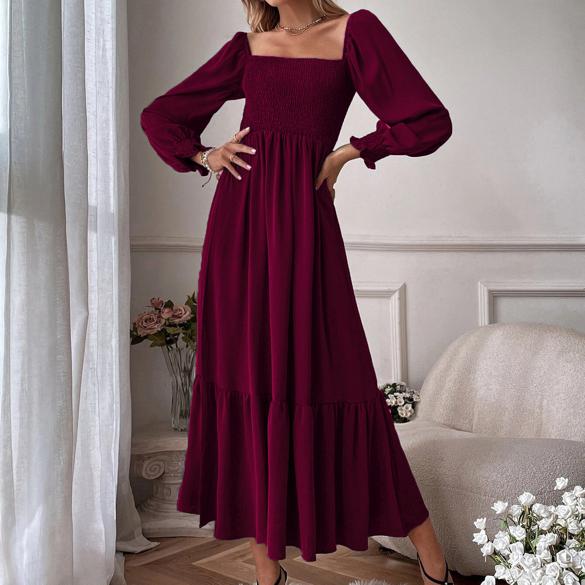Long-Sleeve Ruffled High-Waist Pullover Tight Dress