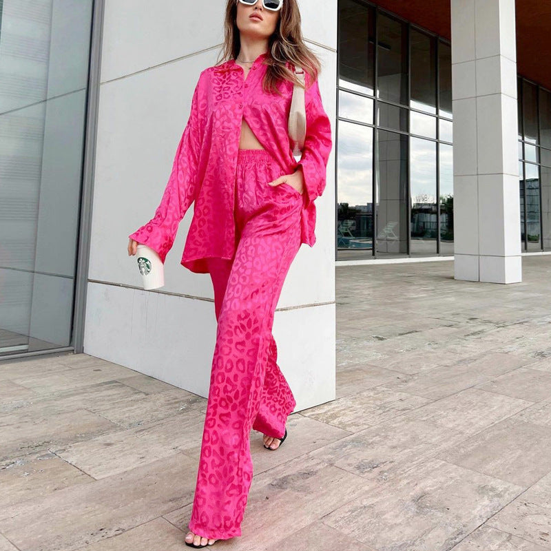 Women's Leopard Jacquard Spring Autumn Long Sleeve Shirt Elastic Waist