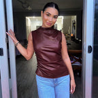 Faux Leather Cascading Collar Sleeveless Top