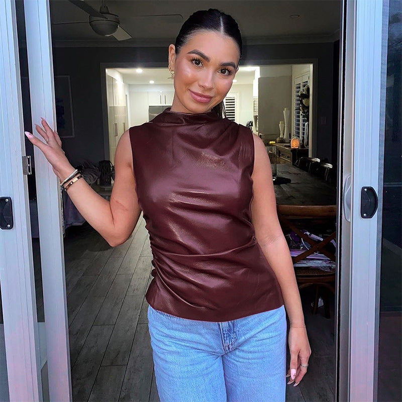 Faux Leather Cascading Collar Sleeveless Top