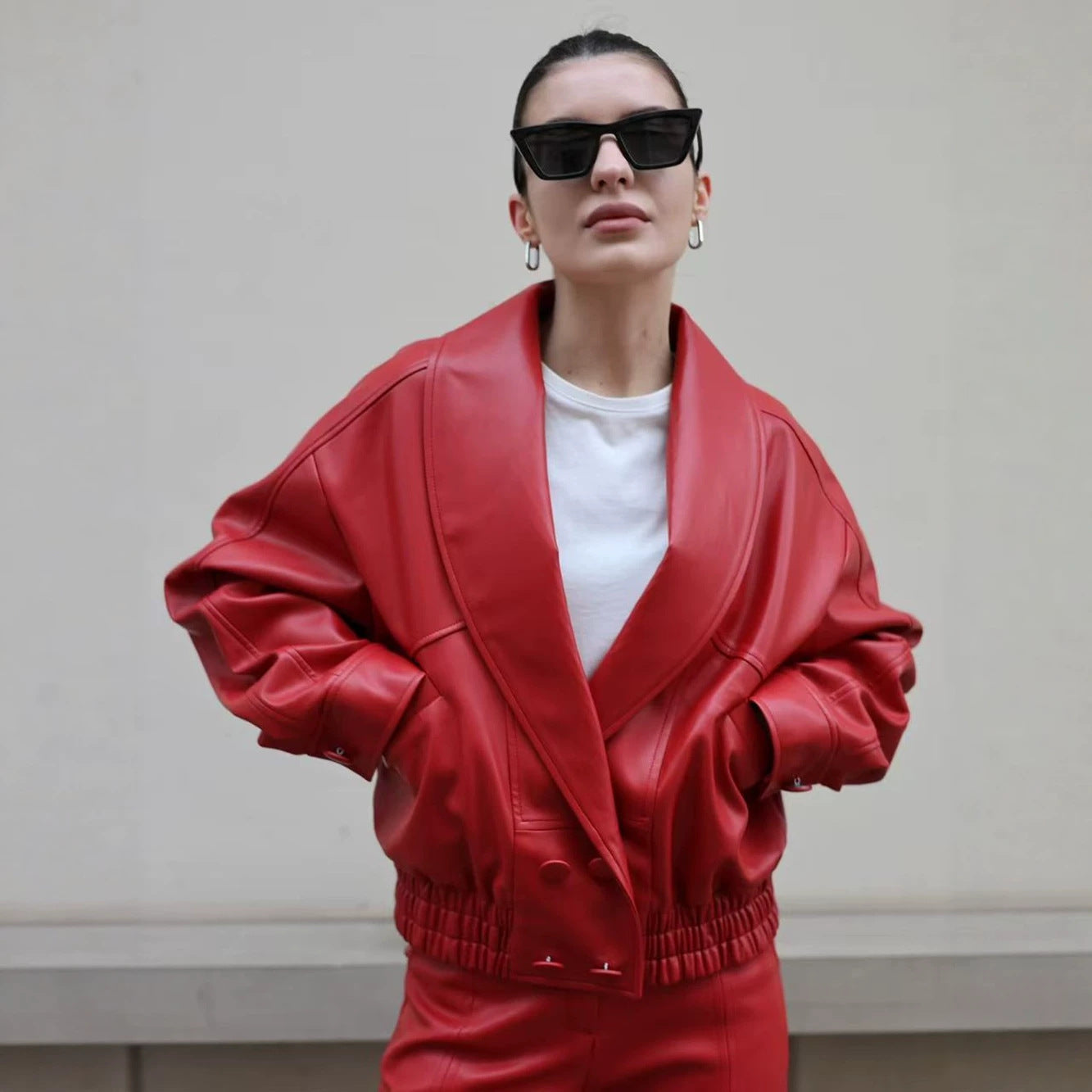 Women Clothing Leather Leather Coat Collared Casual Loose Short Leather Jacket Pant Sets