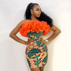 Women's Small Sexy Printed Off Shoulder Mesh Stitching Dress Cocktail Party Dress Slip Dress