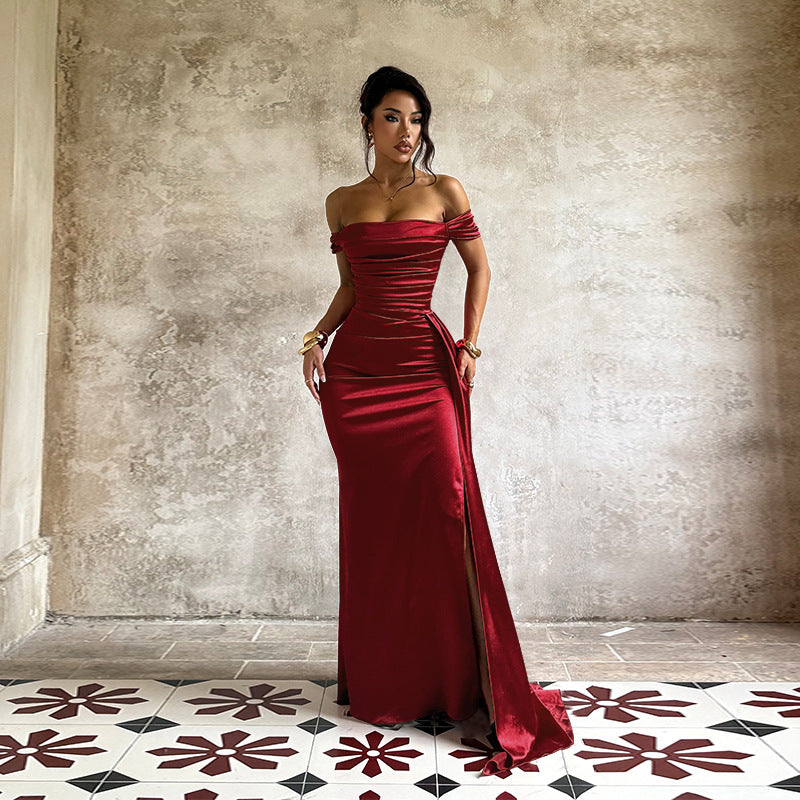 Women's Off Shoulder Satin Dress For Women Autumn Sexy Split Dress