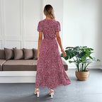 Women's burgundy polka dot maxi dress, back view, V-neck and short sleeves