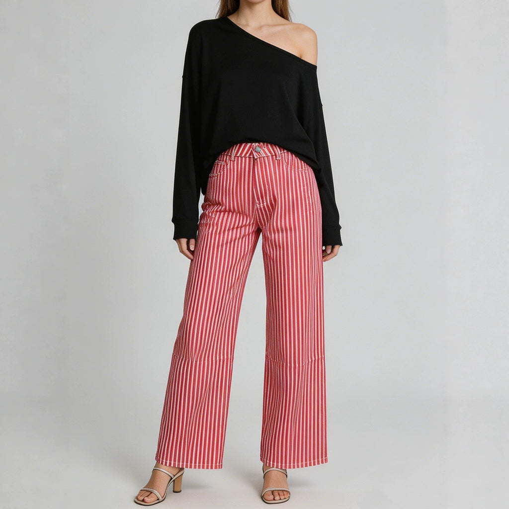 Multi Color Stripe Design Casual Straight Leg Jeans