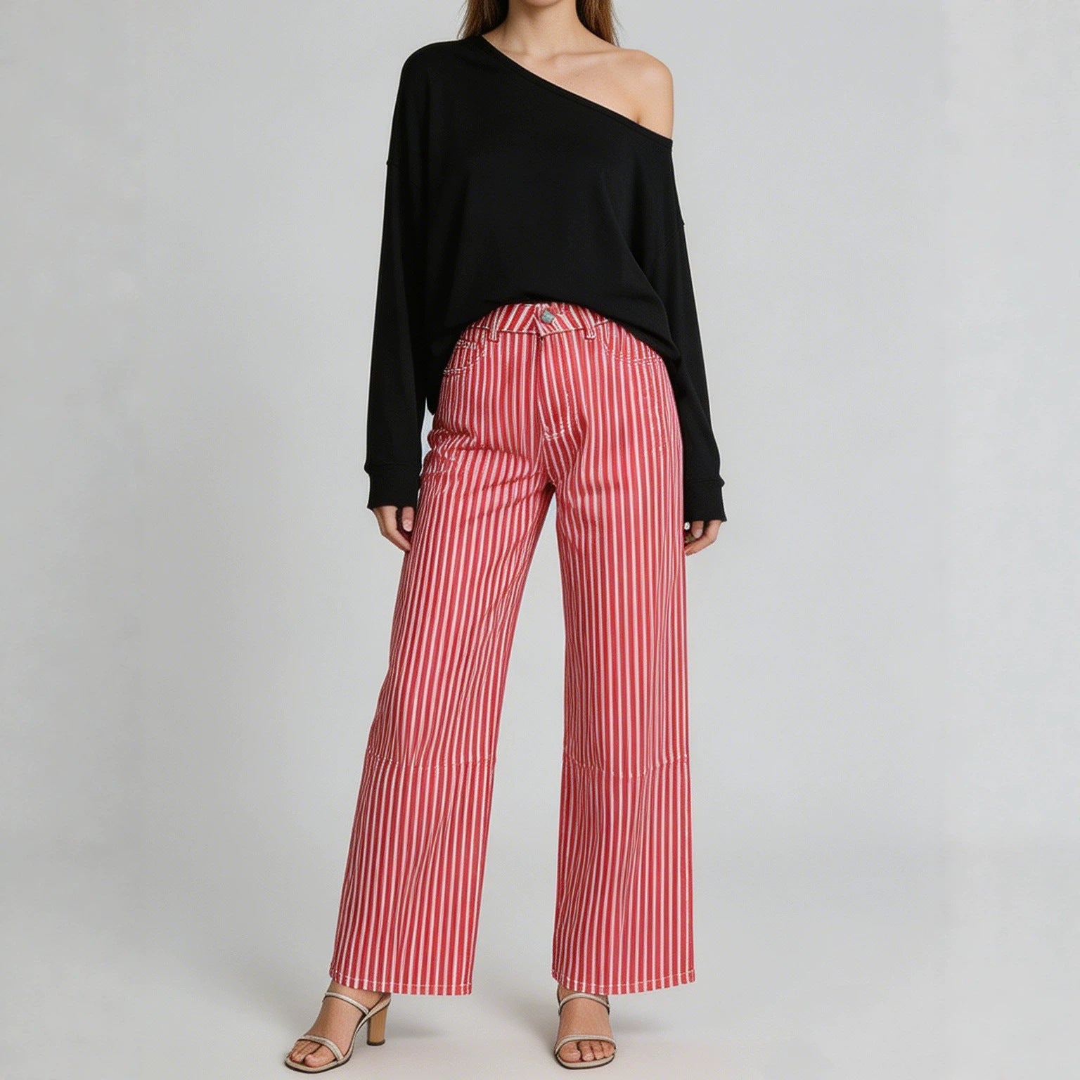 Multi Color Stripe Design Casual Straight Leg Jeans