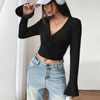 Women’s Black Flared Sleeve V Neck Crop Top