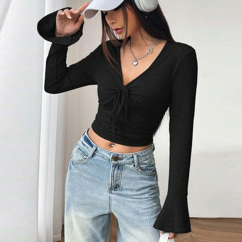 Women’s Black Flared Sleeve V Neck Crop Top