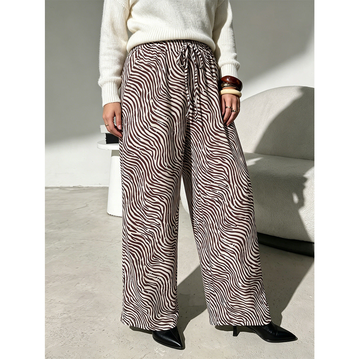 Women's Plus-Size Striped Lace-Up Straight-Leg Pants