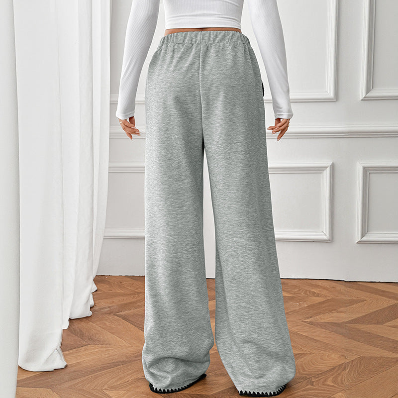 Autumn Winter Korean Idle Contrast Color Binding High Waist Wide Leg Sweatpants for Women