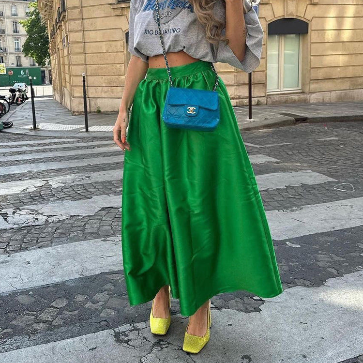 Green Satin High-Waist Maxi Skirt