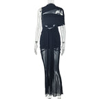 Black off-shoulder maxi dress with ruched bodice and layered sheer long skirt