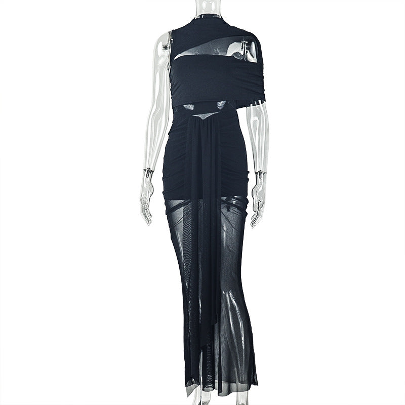 Black off-shoulder maxi dress with ruched bodice and layered sheer long skirt