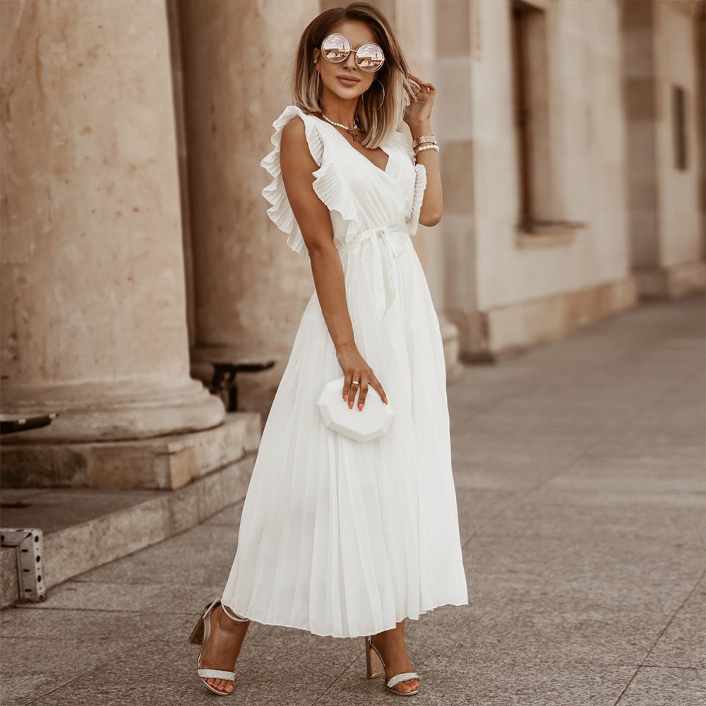 Women's Elegant Beach Dress Fashionable Slim Fit Sexy Ruffle Sleeve Chiffon Pleated Solid Color Dress