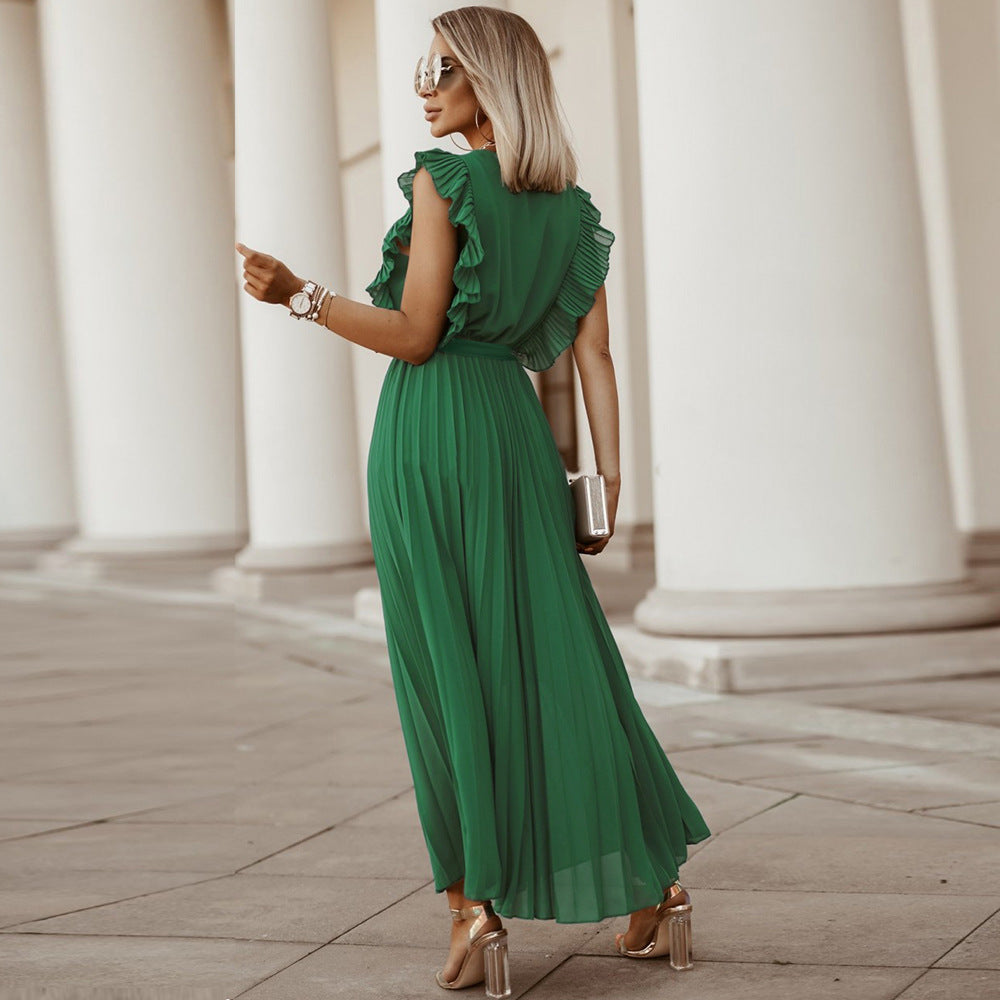 Women's Elegant Beach Dress Fashionable Slim Fit Sexy Ruffle Sleeve Chiffon Pleated Solid Color Dress