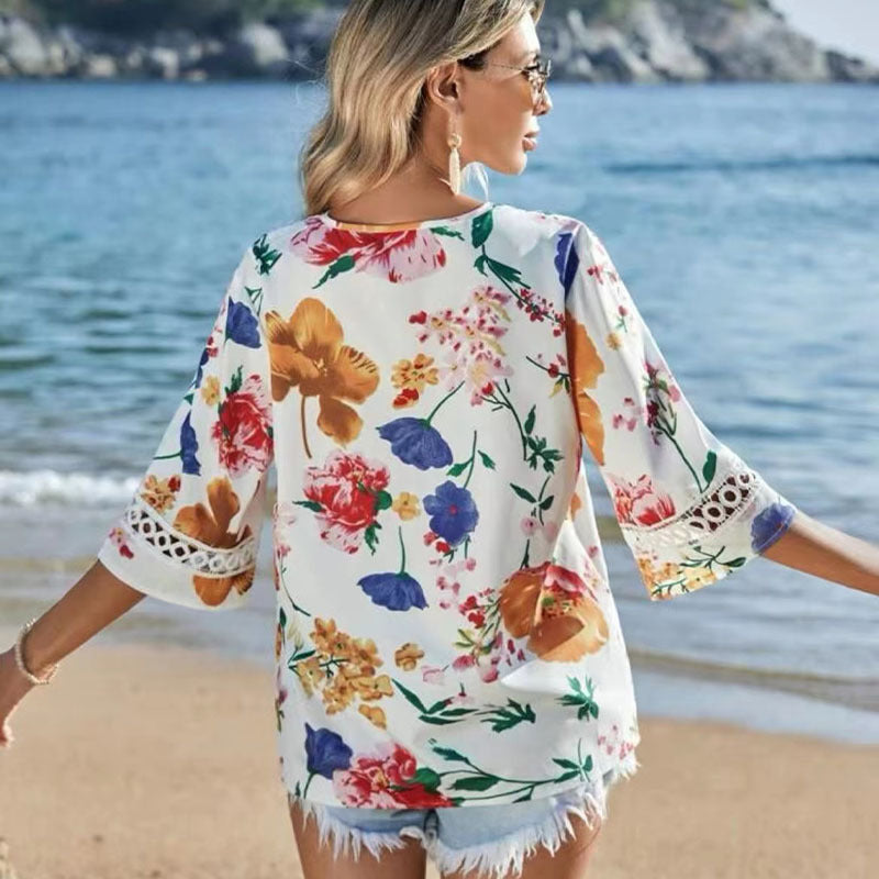 Women's 175summer Autumn Lace Bell Sleeve V Neck Loose Printed Chiffon Shirt