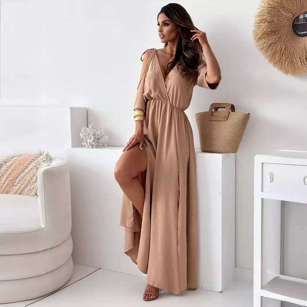 Women's Cutout V-Neck Half Sleeve A-Line Maxi Dress