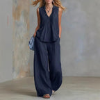 Women Clothing Summer Casual Stylish Solid Color Sleeveless V neck Set