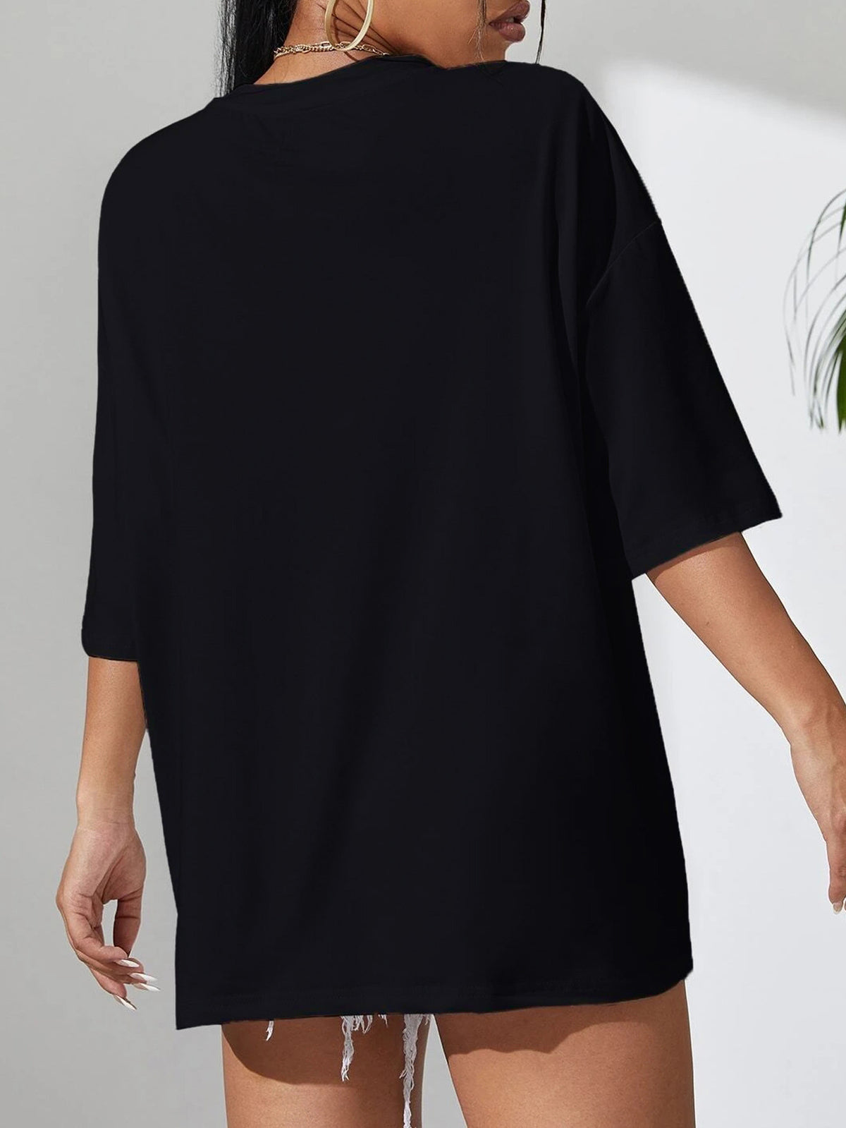 Women's Casual Black T Shirt Simple Round Neck Short Sleeve Women Top Loose Butterfly Print