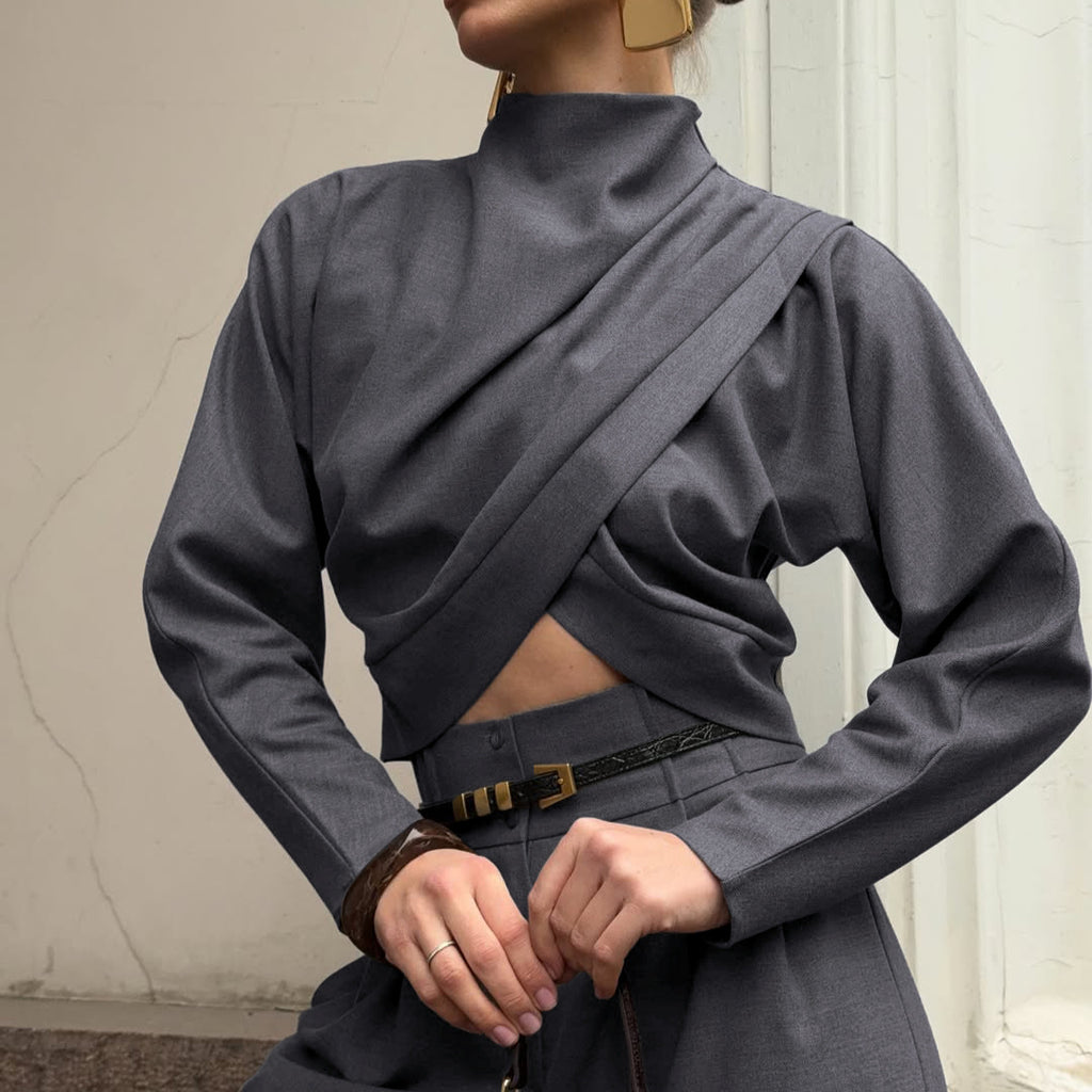 Women's Gray Turtleneck Top And Wide-Leg Pants Set