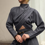 Women's Gray Turtleneck Top And Wide-Leg Pants Set