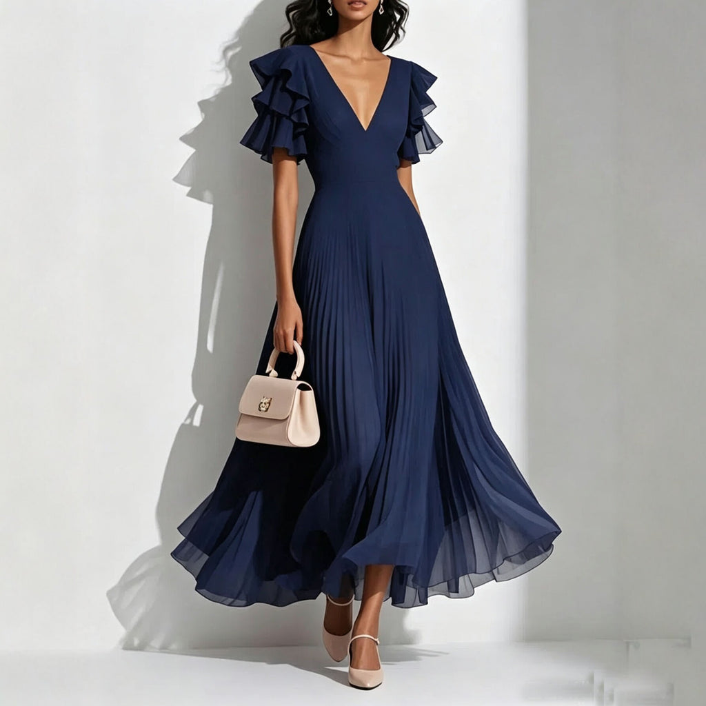 Women's V-Neck Ruffled A-Line Midi Dress