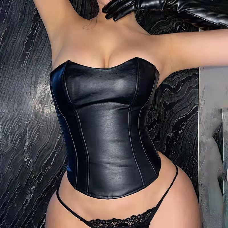 's Tube Top Cinched Waist Slim Faux Leather Vest Tube Top