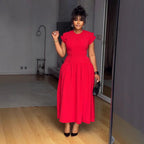 Ruched Short-Sleeve A-Line Maxi Dress