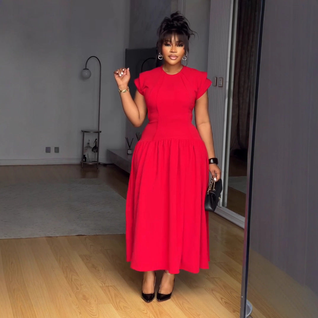 Ruched Short-Sleeve A-Line Maxi Dress