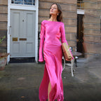 Backless Split Long-Sleeve Satin A-Line Maxi Dress