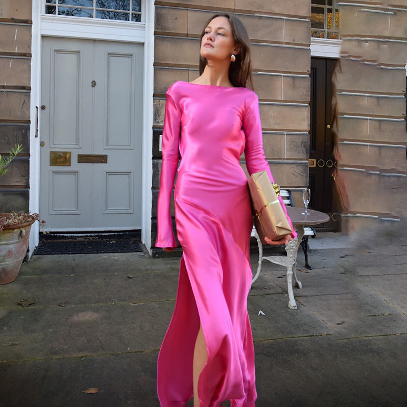 Backless Split Long-Sleeve Satin A-Line Maxi Dress