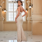Women's Elegant Halter Backless Sleeveless High Waist Straight Ball Dress