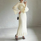 Long Casual Solid-Color Round-Neck Flared Sleeves Pleated Dress