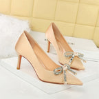 Women's Champagne Satin Pointed-Toe Pumps With Rhinestone Bow
