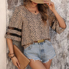 Women's Leopard-Print V-Neck Blouse – Loose Short-Sleeve Top