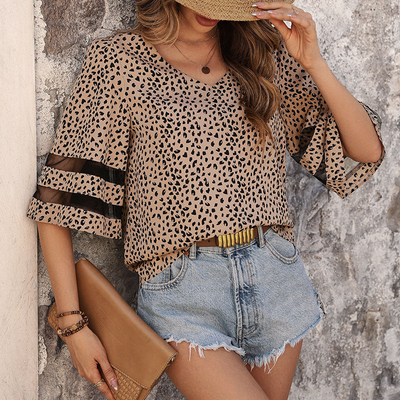 Women's Leopard-Print V-Neck Blouse – Loose Short-Sleeve Top
