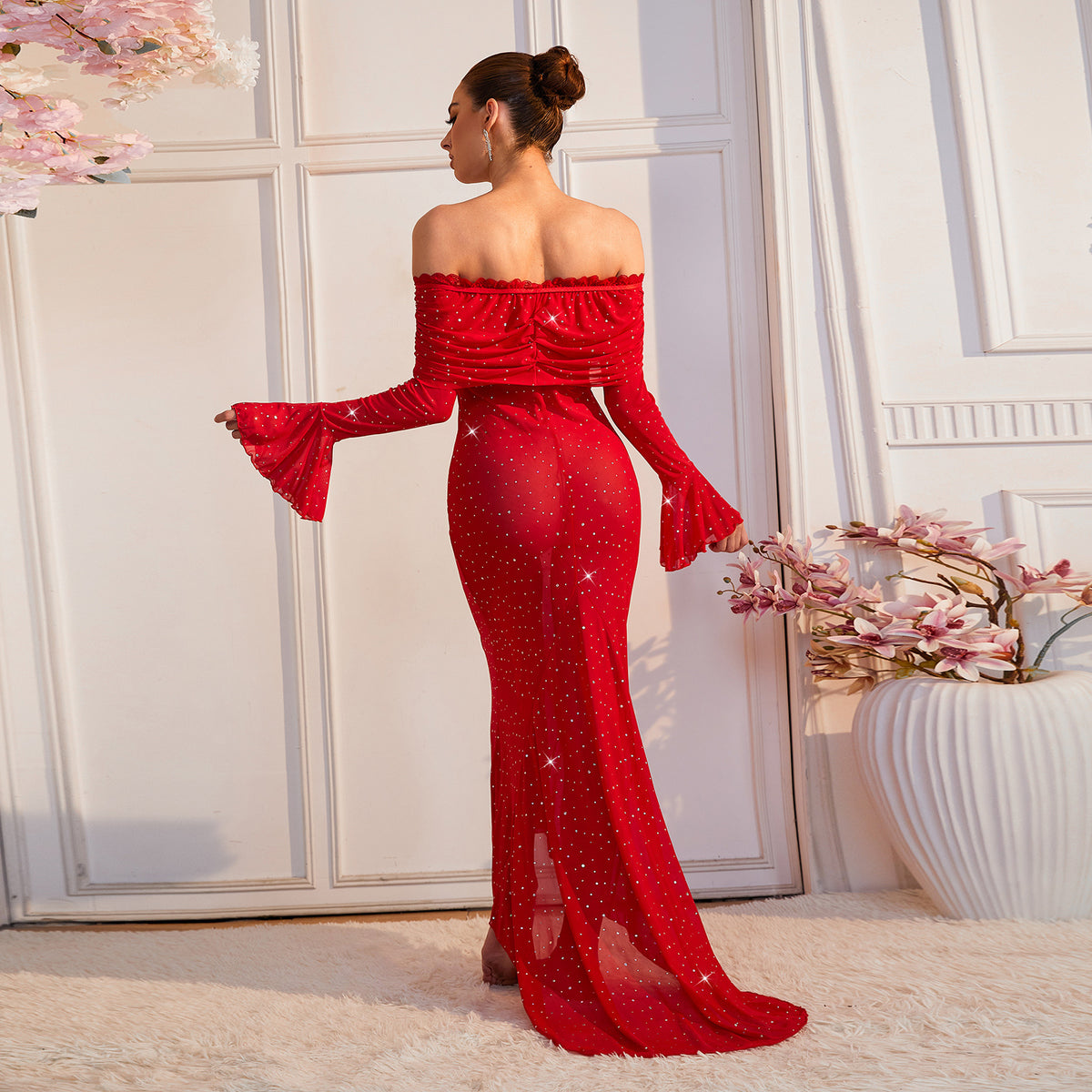 Women's Off Shoulder Rhinestone Gauzy Gown Maxi Dress Flared Sleeve Slim Fishtail Evening Dress Cocktail Party Dress