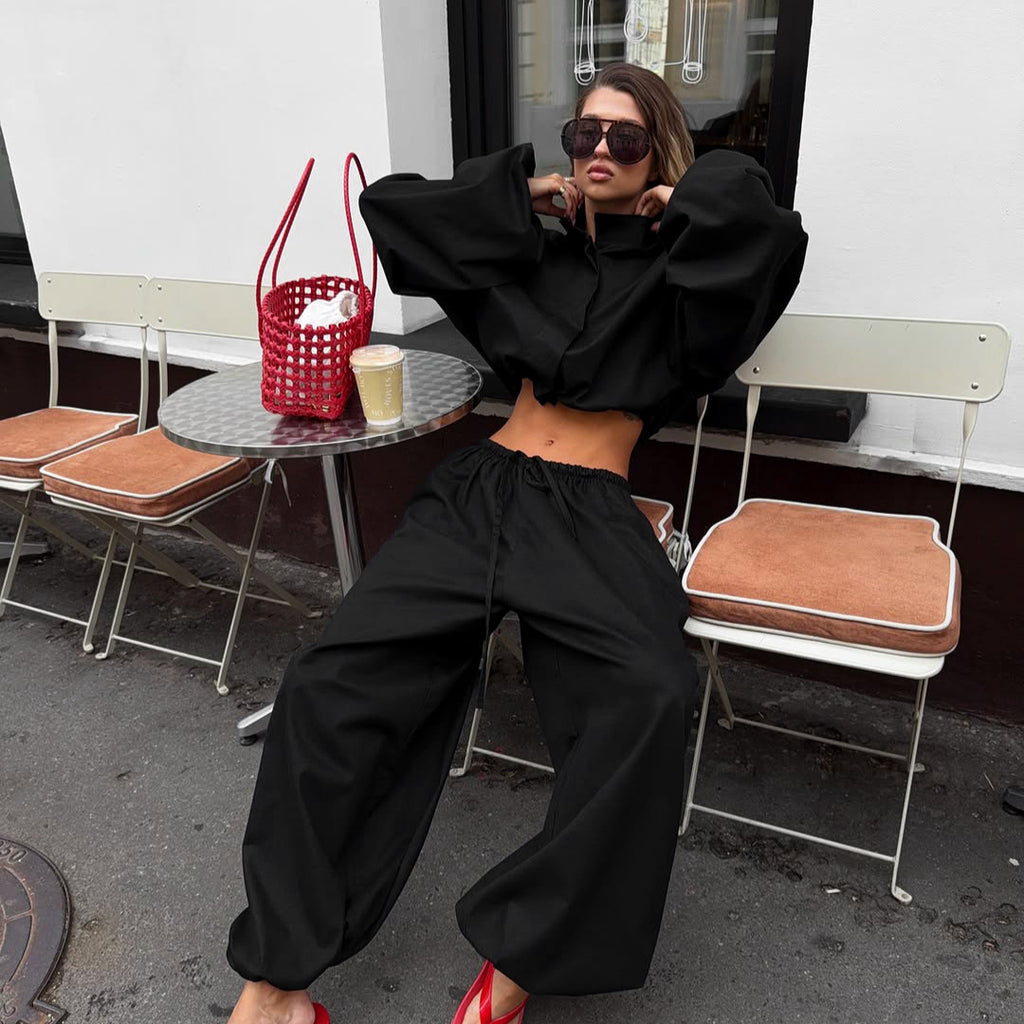 Women's High-Neck Jacket & Wide-Leg Pants Set
