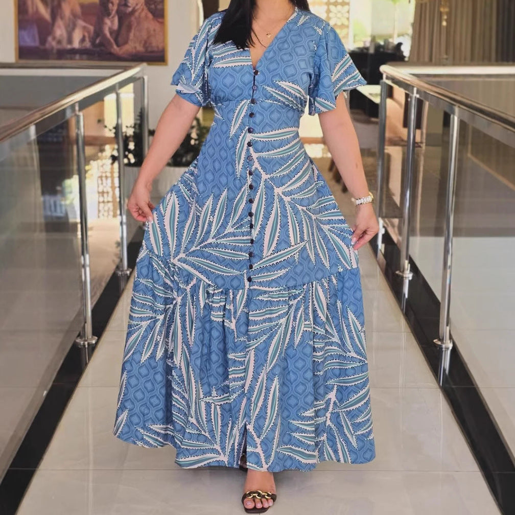 Women's Tropical Print Waist Detail A Line Dress