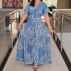 Women's Tropical Print Waist Detail A Line Dress