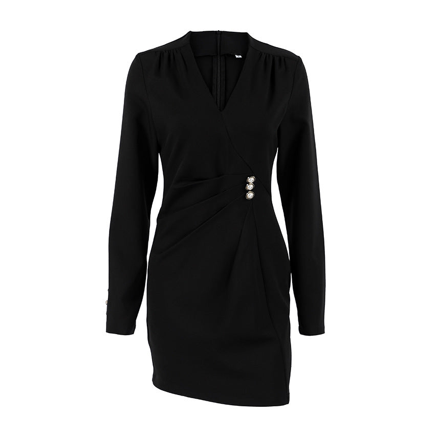 Pearl-Button V-Neck Shirt Dress