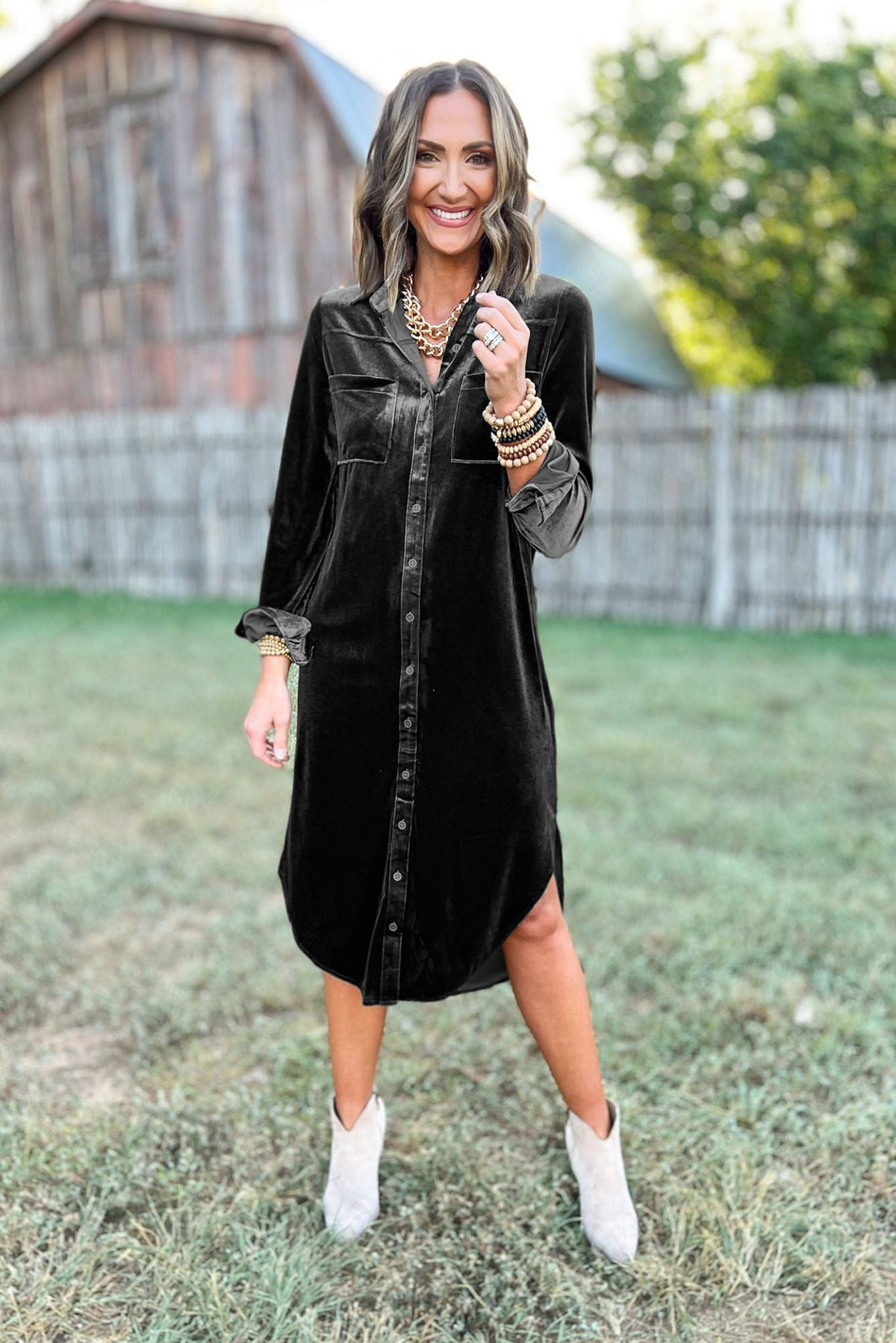 Women's Shirt Velvet Pocket Stitching Irregular Christmas Long-Sleeve Dress