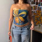 Women's Floral Print Tube Top Oil Painting Contrast Color Mesh Top